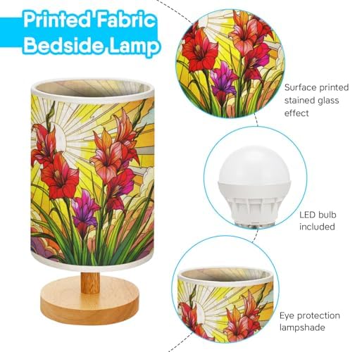 Gladiola Flower Table Lamp LED 3-Color Pressed Bedside, Gladiola Flower Shade Lamp with Wood Base for Bedroom Living Room Desk Office TL01
