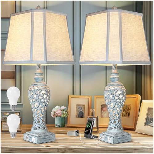 LuxSight Collection Bedside Table Lamps Set of 2 with Night Lights, Vintage