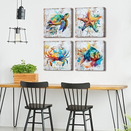 Nautical Wall Art Sea Turtle Wall Decor Watercolor Starfish Seafish Crab Canvas Pictures for Bathroom Decor Rustic Sea Animal Painting Artwork for Bedroom Living Room Home Decorations 20x20" 4Pcs