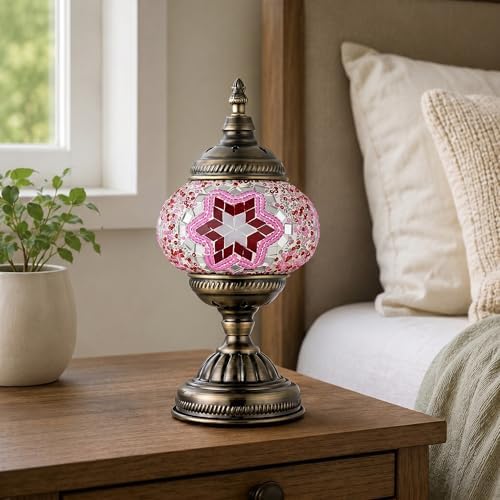 GOGERS Turkish Moroccan Table Lamp Lantern with Handmade Mosaic Glass Lampshade Tiffany Style Bohemian Stained Glass Decorative Desk Lamps Bedside Night Lights for Bedroom (Pink)