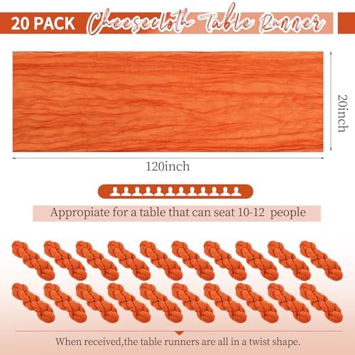 20 Pack Orange Table Runner 10Ft Cheesecloth Table Runner Boho Long Cheese Cloth Table Runners Romantic Sheer Fabric Gauze Table Runners for Wedding Party Bridal Shower