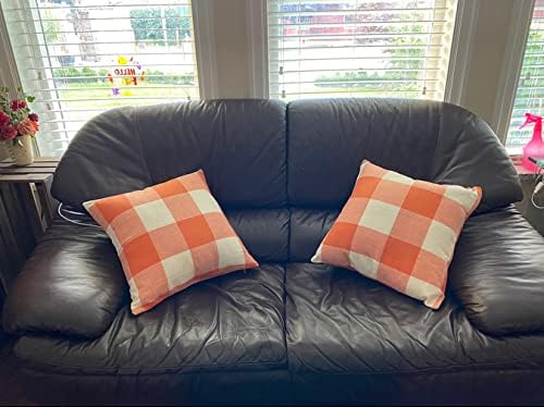 VAKADO Fall Outdoor Decor Throw Pillow Covers 18x18 Set of 2 Orange Buffalo Plaid Thanksgiving Front Porch Farmhouse Rustic Cushion Autumn Home Decorations for Couch Sofa Living Room | Orange buffalo check polyester, hidden zipper.Outdoor Fall porch de...