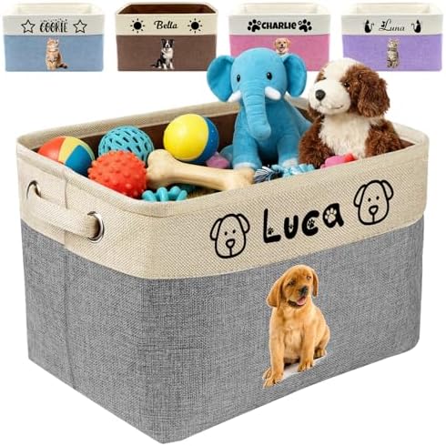 Customized Pet Toy Storage Basket - Personalized Dog & Cat Toy Organizer with Name, Foldable & Durable Fabric Bin for Pet Supplies, Organizer for Toys, Coats, Clothing, Blankets Grey
