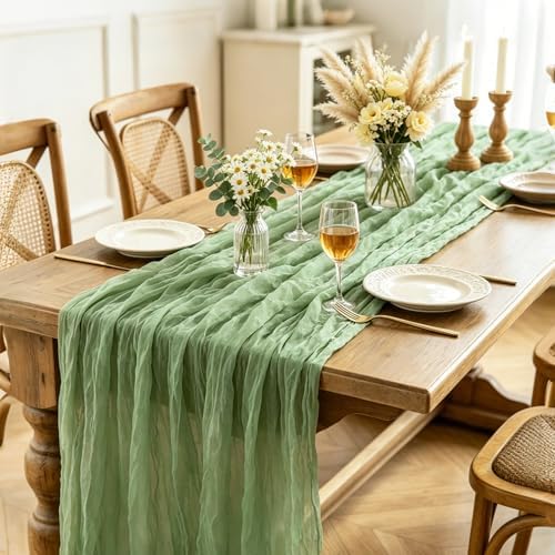 3Pcs Sage Green Cheesecloth Table Runner, 10FT Rustic Green Boho Gauze Table Runner for Spring Easter Woodland Safari Baby Shower Bridal Shower Wedding Tea Party Birthday Decorations