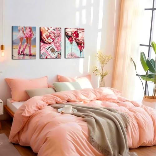 Framed Pink Preppy Wall Art Set of 3, Cowgirl Boots Cherry Cocktail Pictures Wall Decor, Trendy Poker Paintings Canvas Prints Girly Aesthetic Home Decor for Living Room Bedroom Dorm Bar 16x24 inch