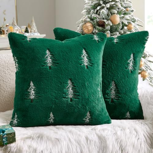 MIULEE Christmas Decorative Faux Fur Pillow Covers 20x20 Inch Green White