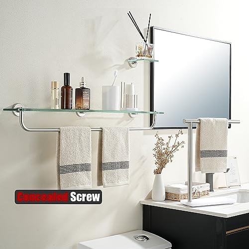 JQK Bathroom Glass Shelf, Shelf with 29 Inch Towel Bar Tempered Glass Shower Storage 30 by 5 inches, 304 Stainless Steel Brushed Finish Wall Mount, TGS100L30-BN
