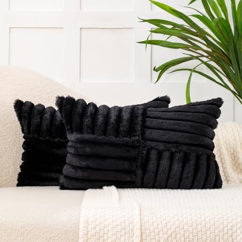 All Smiles Black Faux Fur Decorative Throw Pillow Covers 12x20 Set of 2