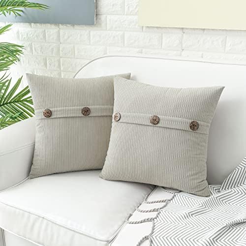 HWY 50 Light Grey Chenille Throw Pillow Covers 20x20 Inch Buttons Pack of 2
