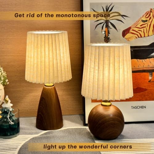 Small Pleated Table Lamp for Bedroom, Bedside Lamps for Nightstand, Dimmable Desk Lamp Ceramic Wood Grain Base Round Flaxen Fabric Shade for Living Room, Kids Room, LED Bulb Included (Modern)