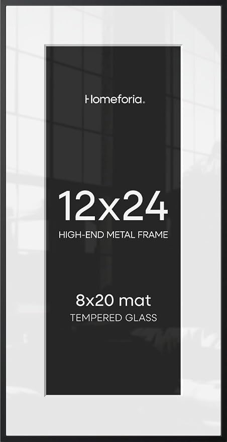Homeforia 12x24 Black Picture Frame, High-End Metal, 8x20 Mat, Glass