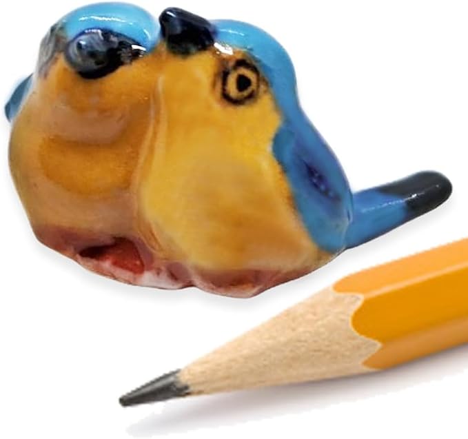 WitnyStore Tiny ¾ Inch Long Blue Yellow Twin Eastern Bluebird Bird Figurine - Miniature Hand Made Ceramic Birds Aves Colorful Porcelain Feathered Animals Cute Decorative Collectible Figure Décor Gifts