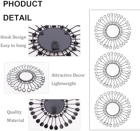 Black Mirrors 3 Piece,Sunburst Mirror Hanging Wall Decor,9inch indoor Adorn | Indoor Mirrors Wall Art, Rhinestone Round Mirror for Bedroom, drawing room, Kitchen, House Warming Festival Gifts Decorate