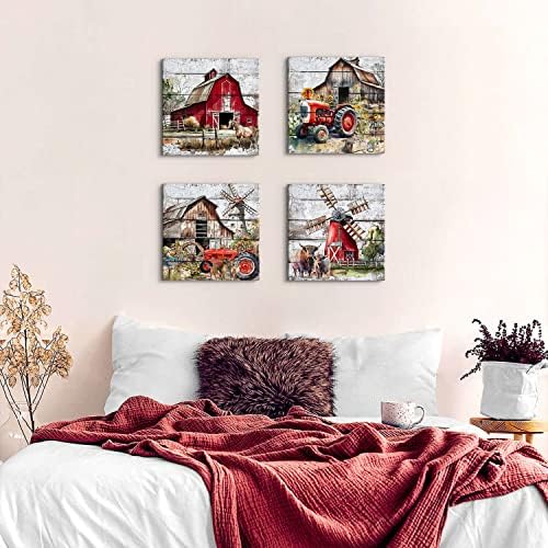 Country Wall Art Farmhouse Barn Pictures Wall Decor Rustic Windmill Rusty Truck Canvas Prints Posters Watercolor Cattle Horses Painting Farm Artwork for Bathroom Living Room Decorations 18x18”4Pcs