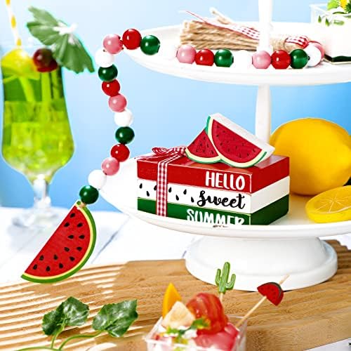 Blulu 6 Pcs Watermelon Decorations for Home, Summer Watermelon Wooden Table Decor, Hello Sweet Summer Tabletop Centerpieces Red Green Tassel Bead Garland for Home Kitchen Shelf Office Desk Tiered Tray
