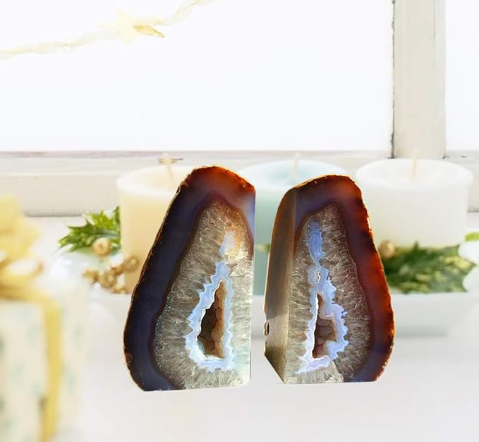 AMOYSTONE Geode Bookends Agate Shelve Decor Crystal Book Ends for Heavy Books Nature Brown with Rubber Bumper(1 Pair, 3-4 LBS) | Polished Stone Book Stoppers Supports Home Office Decor with Rubber Bumpers Natural Brown 1 Pair, 3-4 LBS