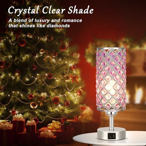 Hong-in Purple Crystal Table Lamp with USB C+A 3-Way Dimmable Bedside Lamp