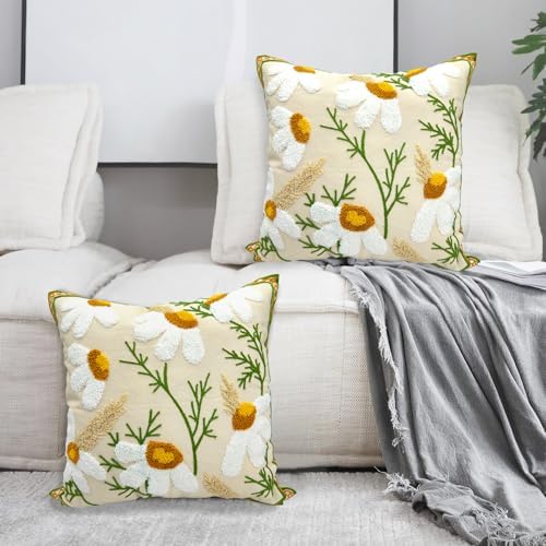 Alysheer Floral Embroidered Throw Pillow Cover 18"x18" Set of 2 White Daisy