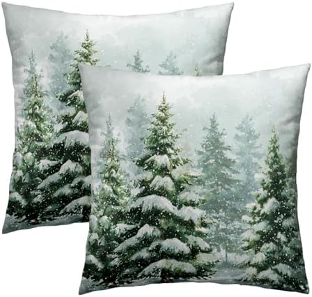 2 Packs Winter Snowy Pine Tree Throw Pillow Covers 16x16 inch for Christma Snow Forest Snowflakes Decorative Cushion Cases Winter Atmosphere Holiday Pillowcase for Home Sofa Patio