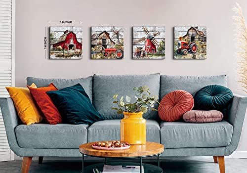 Rustic Farmhouse Wall Art Country Landscape Painting Barn Windmill Truck Canvas Prints Farm Animal Cow Horse Posters Watercolor Red Rural Artwork for Dining Room Bedroom Home Decoration 14x14”4Pcs
