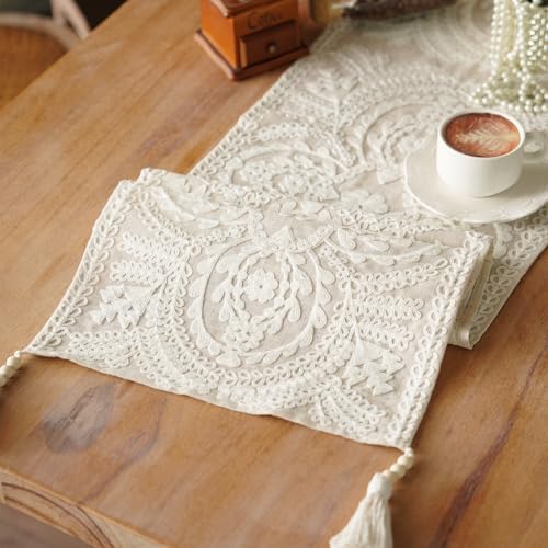 Embroidered Dresser Runner Lace Boho Scarf, Beige 14"x56"