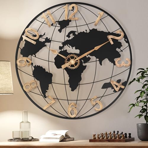 Pytha Sight 24 Inch Large World Map Vintage Gold Arabic Numerals Wall Clock