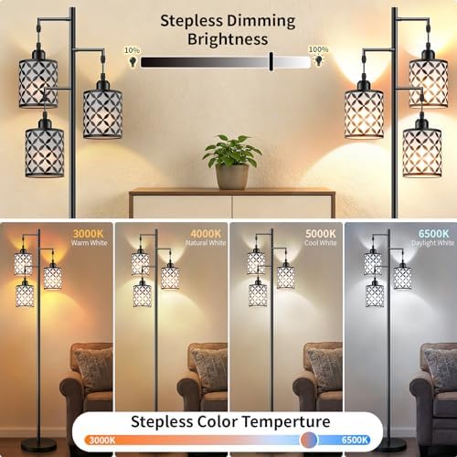 72" Dimmable Floor Lamp with Remote & Timer, Industrial Farmhouse Rustic Standing Lamp for Living Room Bedroom, 3 Individually Controlled Heads, 2 Height Options, 3 x LED Bulbs Included