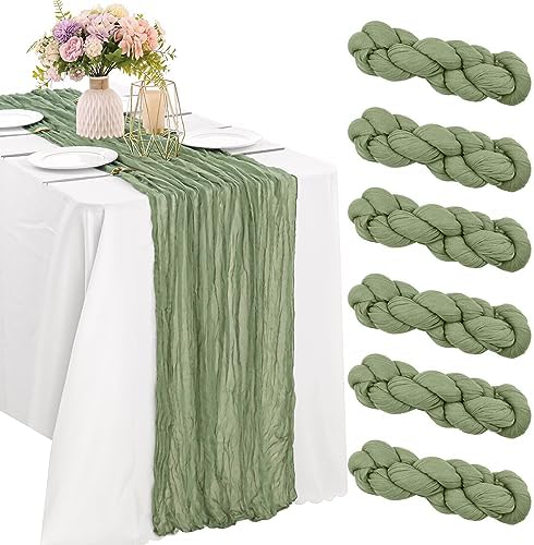 6 Pieces Sage Green 10FT Cheesecloth Table Runner Boho Gauze Fabric Table Runner Rustic Sheer Runner for Wedding Birthday Baby Shower Party Boho Table Decoration（Sage Green）