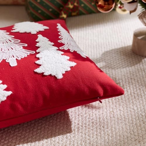 Red Christmas Pillow Covers 12x20 Inch Embroidery White Xmas Trees Decorative Lumbar Throw Pillow Cover Winter Holiday Pillow Case Cushion Cases for Sofa Couch Living Room Decorations