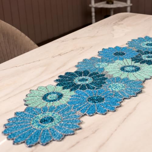Beaded Runner 36 inch - 13x36 Inch Glass Beads & Polyester Beaded Runners Durable, Stain -Resistant Home & Outdoor , Special Occasions, Dining - Decorative Centerpiece Accent(Blue) - ALPHA Living HOME