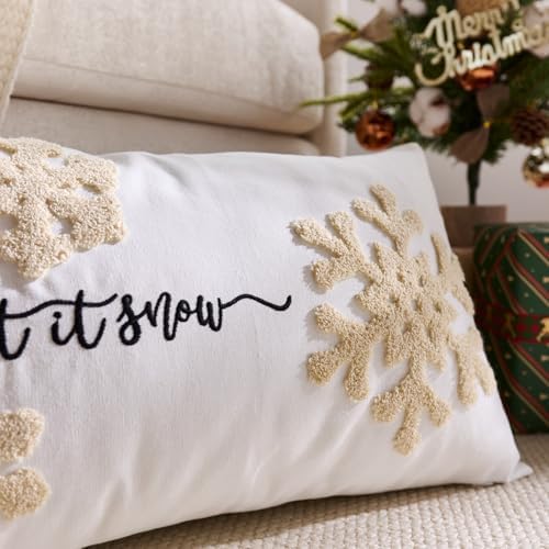 White Christmas Pillow Covers 12x20 Inch Embroidery Snowflake Xmas Decorative Lumbar Throw Pillow Cover Winter Holiday Pillow Case Cushion Cases for Sofa Couch Living Room Decorations