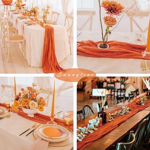 12 Pieces 10FT Orange Cheesecloth Table Runner Boho Gauze Fabric Runner for Tables Rustic Sheer Runner for Wedding Bridal Shower Birthday Holiday Party Cake Table Arbor Decor (35 x 120 Inches Long)