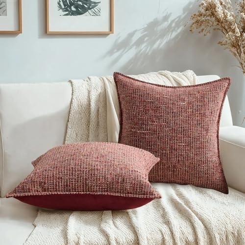 HAUSSY Pack of 2 Chenille Tweed Throw Pillow Covers 20x20 Inch, Burgundy