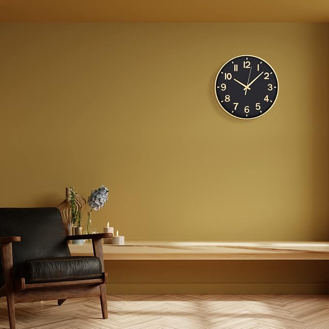 HZDHCLH 12 Inch Silent Wall Clock Battery Operated Non Ticking Black Gold | Non Ticking Modern Clock for Wall, 3D Numbers Wall Clock for Kitchen Bedroom Living Room Office Classroom Decor