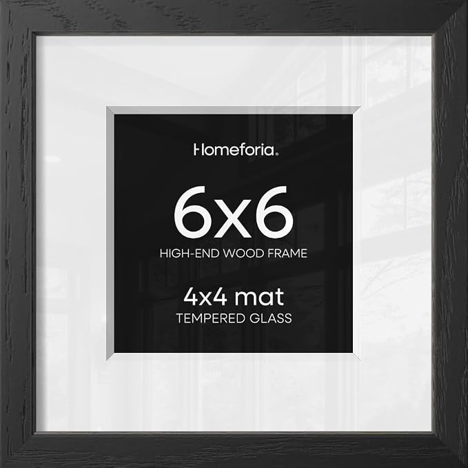 Homeforia 6x6 Black Oak Picture Frame, High-End Wood, 4x4 Mat, Glass