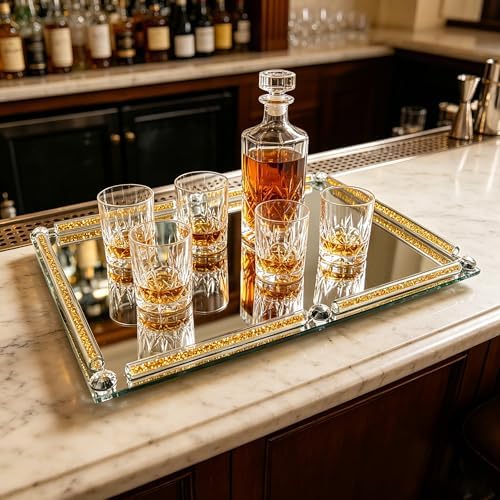 Large Mirror Perfume Tray for Dresser,Gold Crushed Diamond Filled