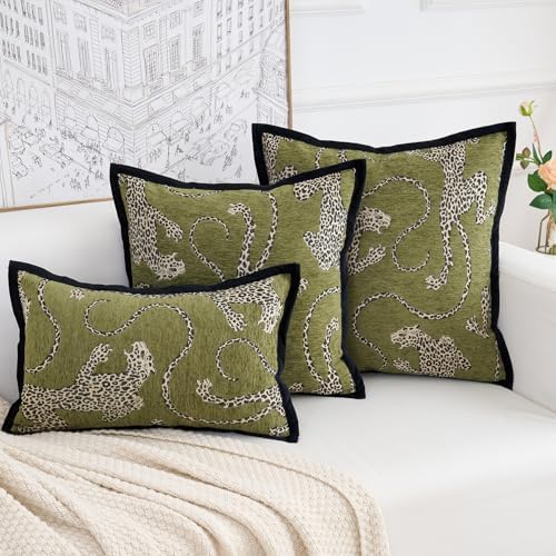 Premium Series, Snow Leopard Throw Pillow Covers, Animal Jacquard Cushion Cases for Home Decor, Chenille Velvet Double-Sided Designs, Dark Green, 18 x 18 inch, Covers Only