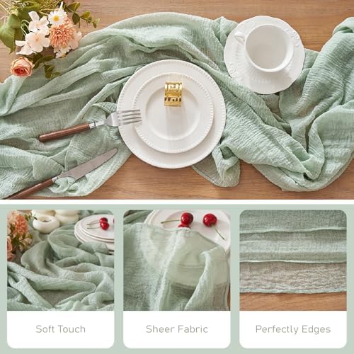 1Pcs Cheesecloth Table Runner Sage Green 10FT Boho Gauze Cheese Cloth Table Runners 120 Inches Long Rustic Sheer for Centerpiece Home Party Christmas Wedding Baby Shower Spring Easter Decor