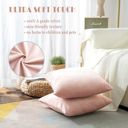 Stellhome Pack of 2 Cozy Velvet Pillow Covers Square Decorative Cushion Covers for Bed Couch Sofa Bench, 22 x 22 inch (55 x 55 cm), Light Pink