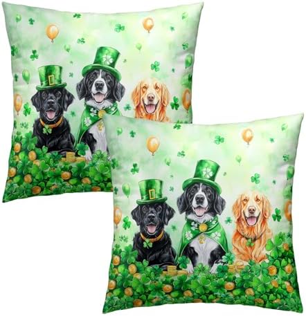 St. Patrick's Day Pillow Covers 2 Pack 24x24 inch Leprechaun Hat Dog Cotton Pillowcase Shamrock and Gold Coin Happy Holiday Throw Pillow Cases Irish Green Decorative Cushion Covers for Sofa Couch