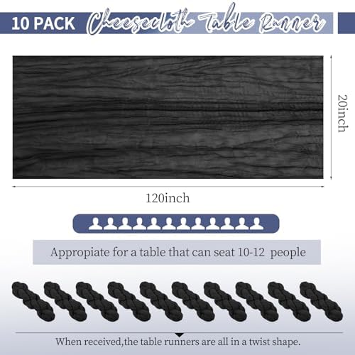 10 Pack Black Table Runner 10Ft Cheesecloth Table Runner Boho Gauze Table Runners Romantic Long Sheer Fabric Cheese Cloth Table Runners for Wedding Party Bridal Shower(Black)