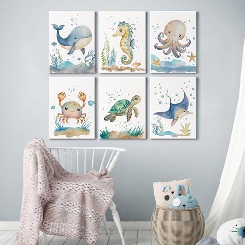 Nursery Sea Animal Wall Decor Set of 6 Ocean Watercolor Canvas Wall Art Baby Boys Room Wall Art Ocean Sea Animal Pictures Kids Girl Art Prints Nursery Artwork for Bedroom 8x10 Inch Framed