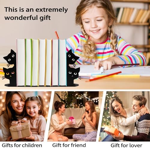 Peeping Cat Bookends for Shelves Decorative, Metal Book Ends for Heavy Books Book Stopper for Office Home Cute Desk Bookshelf Decor Cat Lover Gifts for Women (Black)