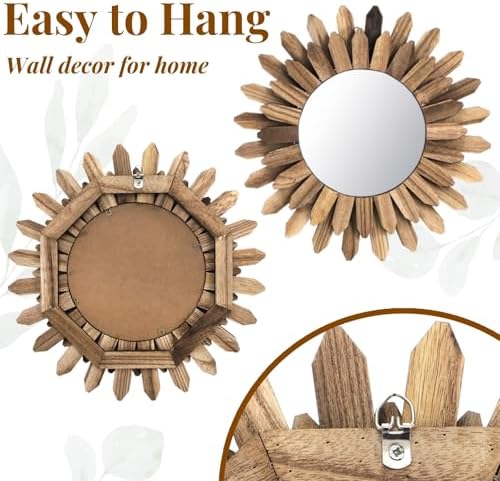 Eorbow Wall Mirror Decorative, 12 inch Small Rustic Wood Boho Mirrors, Clear Sunburst Mirrors for Home Farmhouse Bedroom Entryway Decor House Warming Gifts New Home, No Distortion