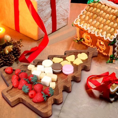 Acacia Wood Christmas Tree Tray - Decorative Serving Platter, Festive Plate, Xmas Dish & Wooden Charcuterie Board for Holiday Gift, Cheese, Fruit, Veggie & Cookie, Food, Snack, 16” x 10”