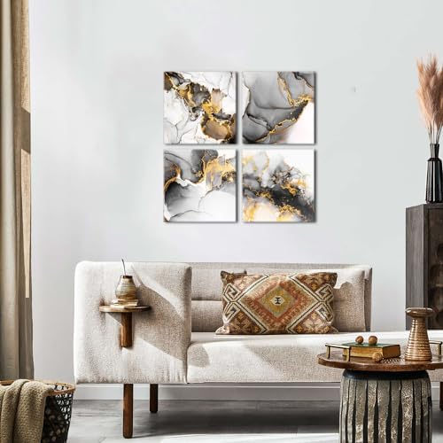 Abstract Texture Wall Art Black and Gold Marble Wall Decor for Living Room Watercolor Ink Fluid Lines Picture Canvas Print Minimalist Painting Framed Artwork Bedroom Office Home Decoration 20x20” 4Pcs