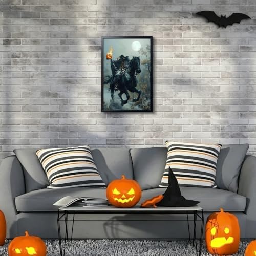 Framed Headless Horseman Halloween Wall Art, Gothic Horror Canvas Poster Print Picture, Spooky Pumpkin Rider Dark Academia Wall Decor Painting for Living Room Bedroom Bathroom Halloween Home Decor 16x24 Inch