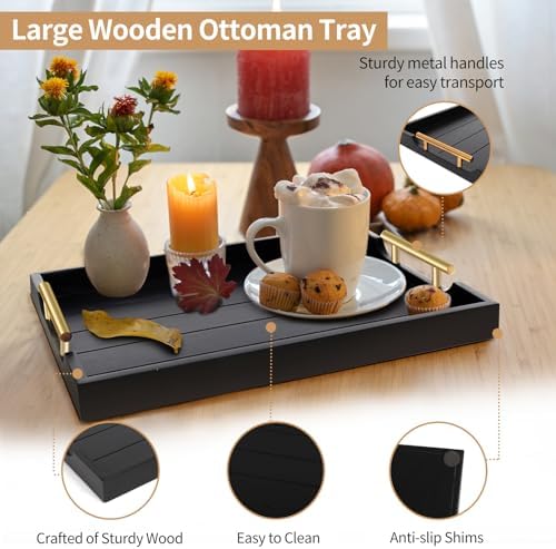 SXNOWS Wood Serving Tray with 2 Sets of Handles,Black