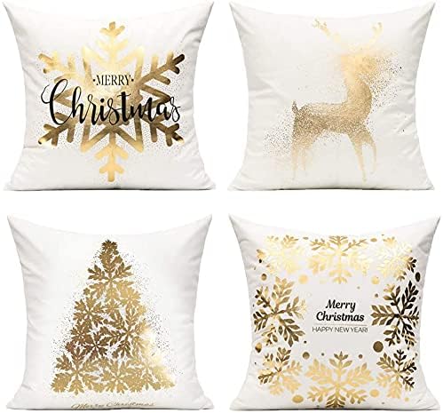 All Smiles Christmas Throw Pillow Covers Cases 16X16 Set of 4 White Gold Decorations Winter Xmas Indoor Home Holiday Décor Velvet Navidad Cushion for Sofa Tree Snowflake Reindeer