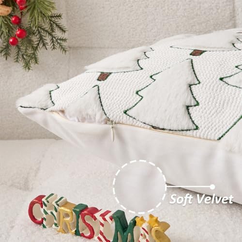 Kevin Textile Christmas Tree 14x36 Inch Long Lumbar 1 Pack Luxury Embroidery Soft Plush Faux Fur Rectangle Cushion Case for Couch Sofa Holiday Festivals Winter Xmas Gift, Cream White & Green